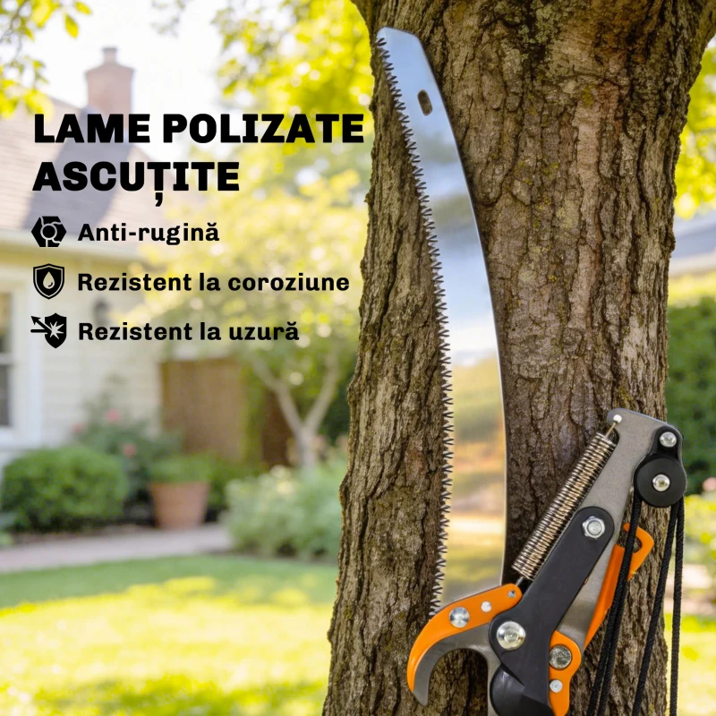 Outsunny Fierăstrău și Foarfecă cu Tijă Telescopică 135-199 cm din Aluminiu, pentru Ramuri Înalte, Portocaliu