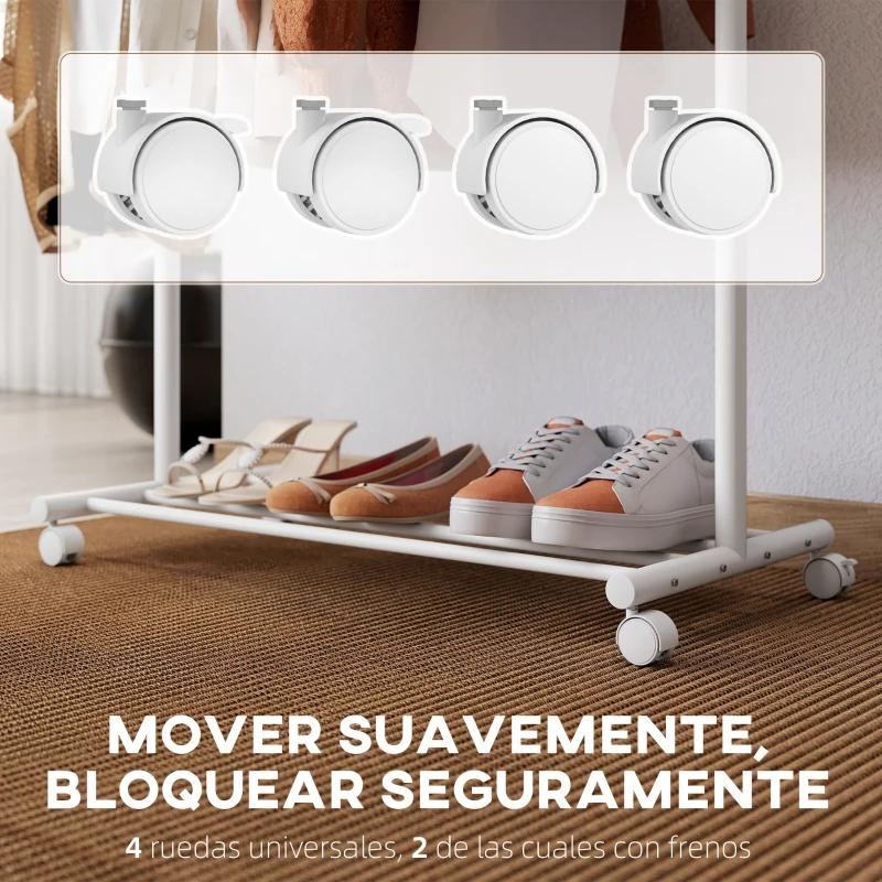 HOMCOM Burro para Ropa con Ruedas 5 Ganchos Barra para Colgar y Balda Inferior para Recibidor Entrada 86x43x171 cm Blanco