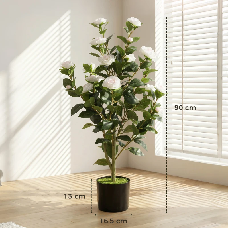 HOMCOM Plantă Artificială Camelie, Flori Realiste, 176 Frunze PEVA, Ghiveci PP, Alb