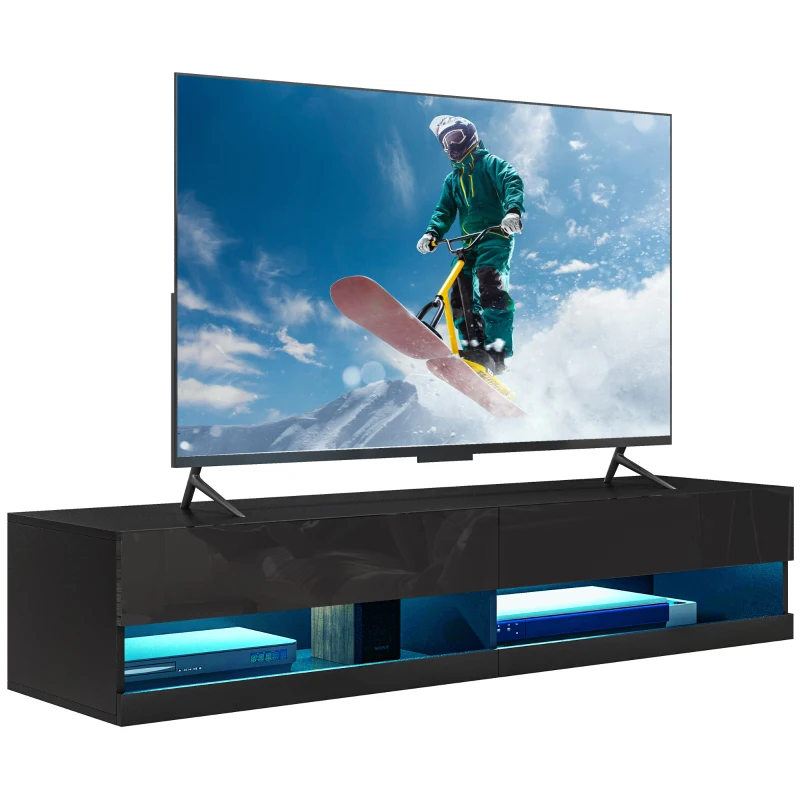 HOMCOM Meuble TV banc TV mural suspendu LED style contemporain - placards avec 2 portes battantes et 2 passe-câbles en bois