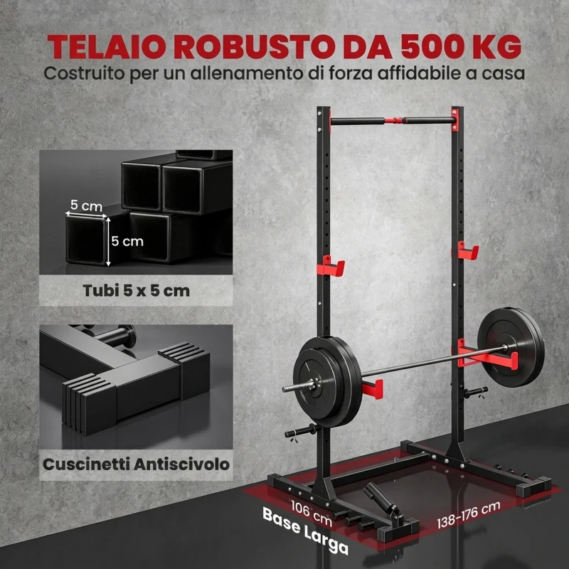 SPORTNOW Power Cage Rack Squat 500 kg con Barra Trazioni e Larghezza Regolabile