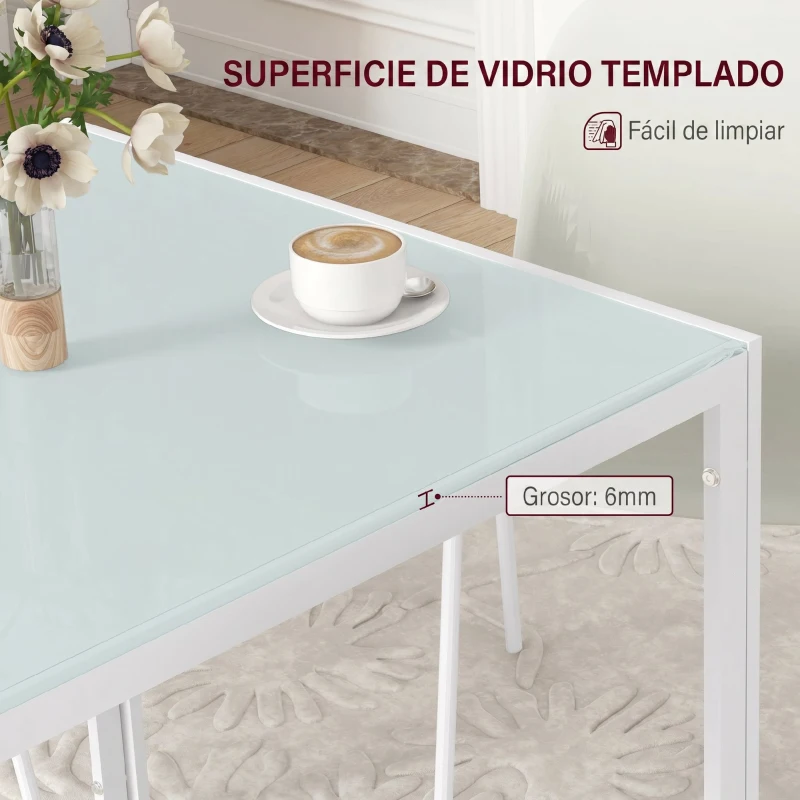HOMCOM Mesa de Comedor de Cristal Mesa de Cocina Cuadrada para 4 Personas con Patas de Metal para Salón 75x75x75 cm Blanco