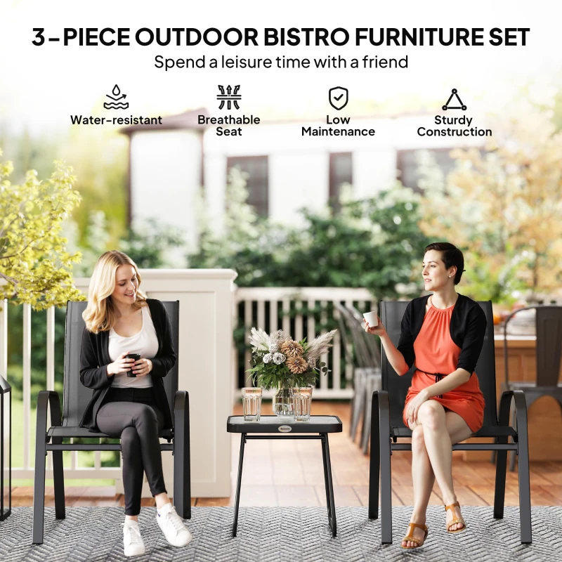 Outsunny 3 Pieces Outdoor Bistro Set - Patio Stackable Armchairs with Breathable Mesh Fabric and SPC Board Coffee Table, Black