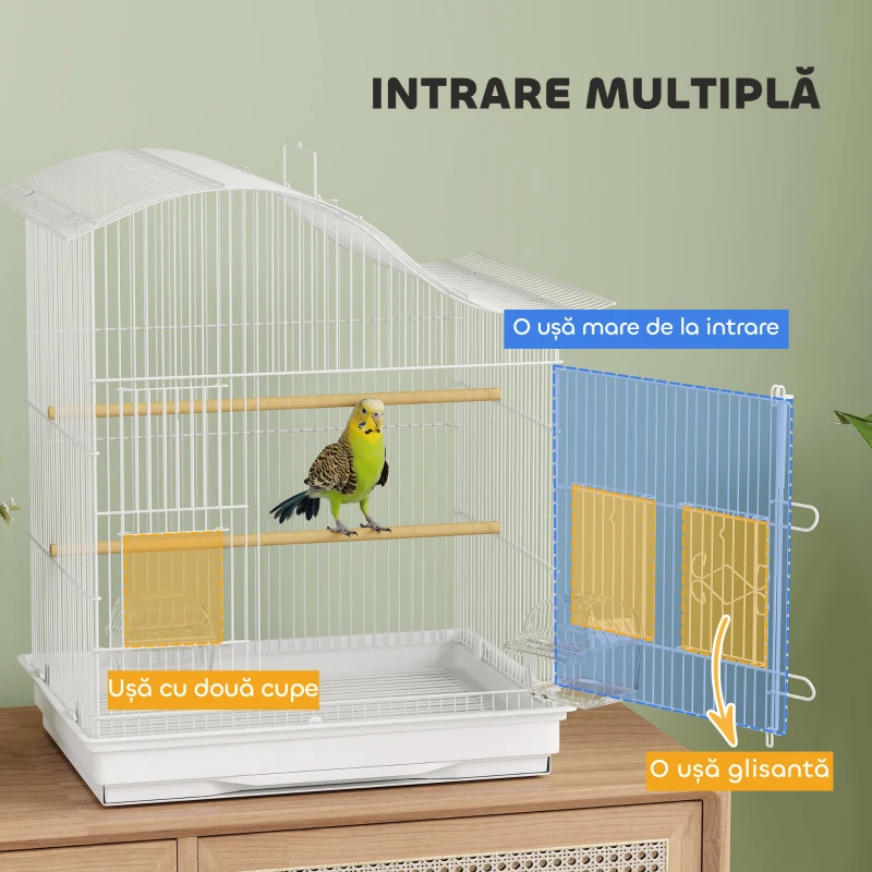 PawHut Colivie pentru Păsări cu 4 Uși, 2 Boluri, 2 Stinghii și Tavă Detașabilă, Volieră din Metal și Plastic, 47,5x36x54,5 cm, Alb
