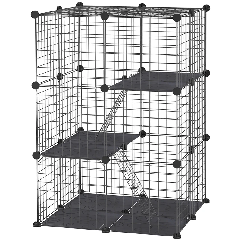 PawHut Enclos pour petits animaux, cage à lapin modulable 3 niveaux, 39 panneaux avec  rampes, en métal, 70 x 70 x 105 cm, noir
