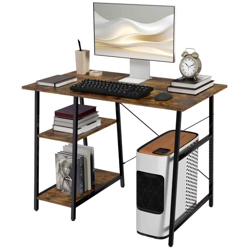 HOMCOM Industrial-Style Work Desk, with Shelves - Brown/Black