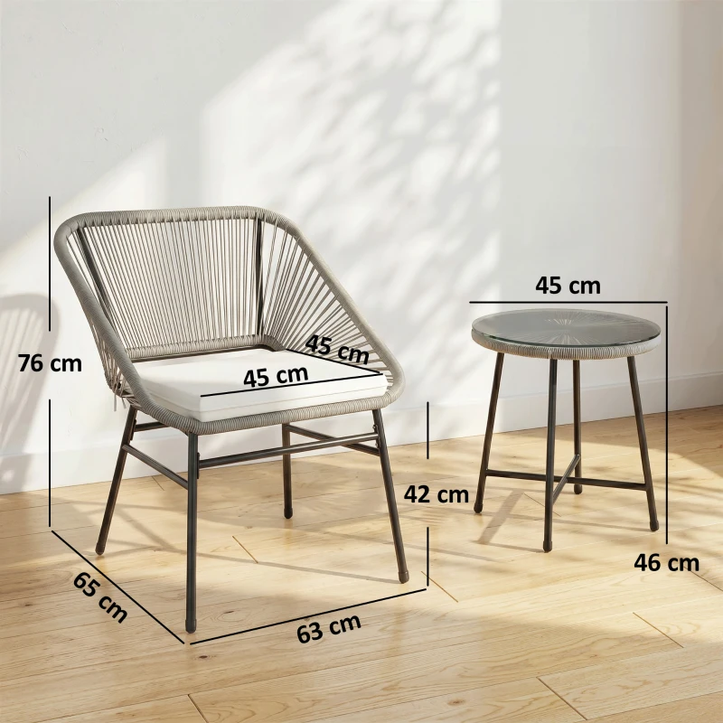 Outsunny 3-teiliges Outdoor-Möbelset, 1 Tisch, 2 Stühle, Rattan-Geflecht, Stahlrahmen, Kaffeetisch mit Glasplatte, Dunkelgrau