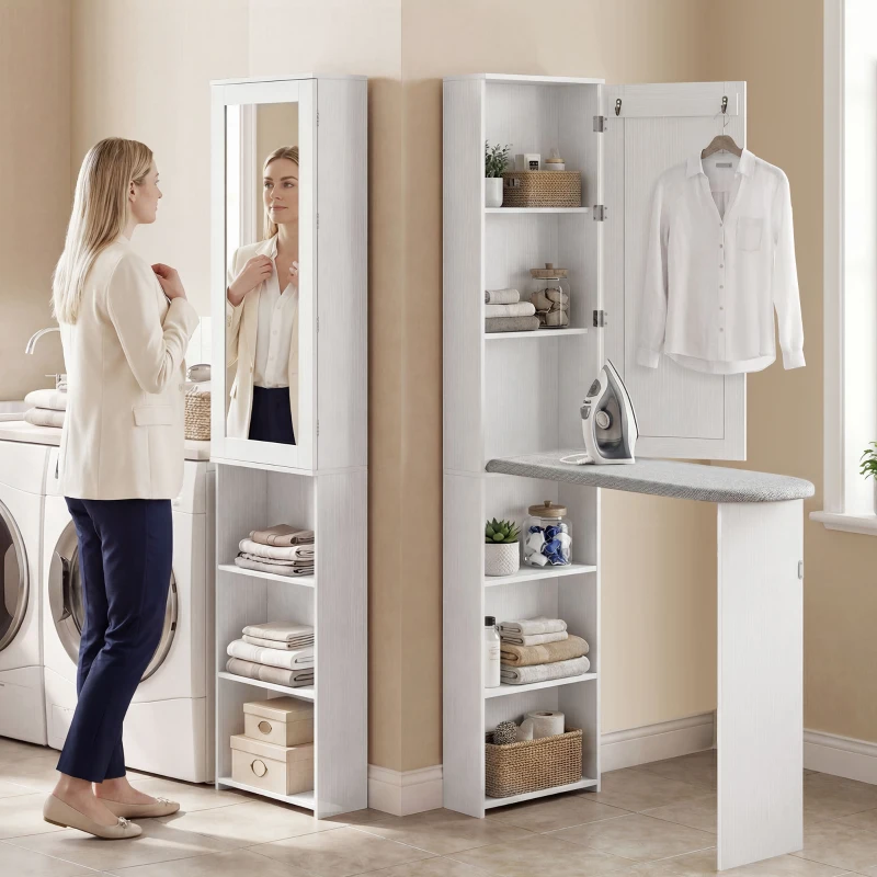 HOMCOM Mueble de Plancha con Espejo Tabla de Planchar Plegable 6 Compartimentos 2 Ganchos 107x35x174 cm Blanco