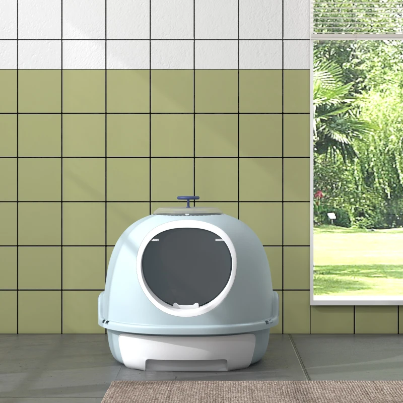 PawHut Cat Litter Box Toilet with Litter Scoop Enclosed Drawer, Front Entry Top Exit, Easy To Clean Blue