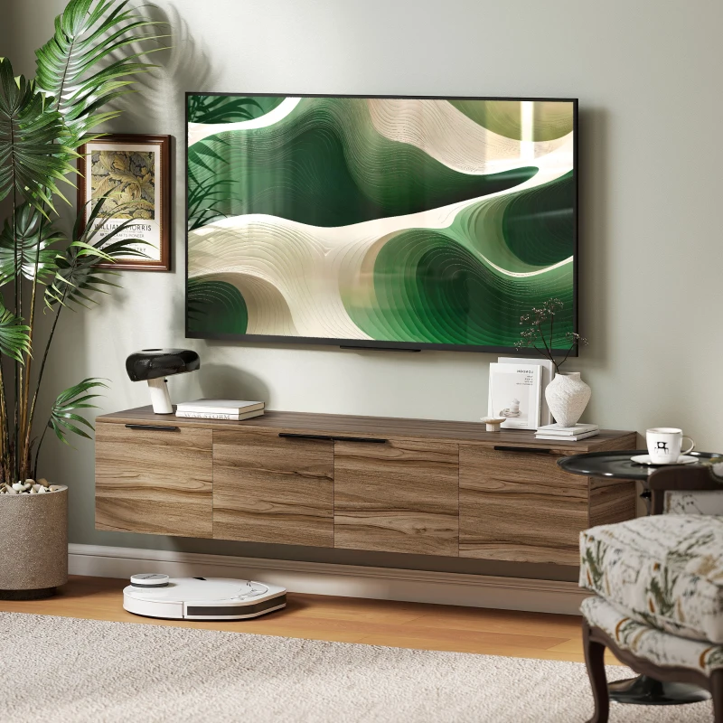 HOMCOM Meuble TV suspendu meuble télé pour téléviseur jusqu'à 65 pouces avec 3 placards à portes, 150 x 35 x 32 cm, marron