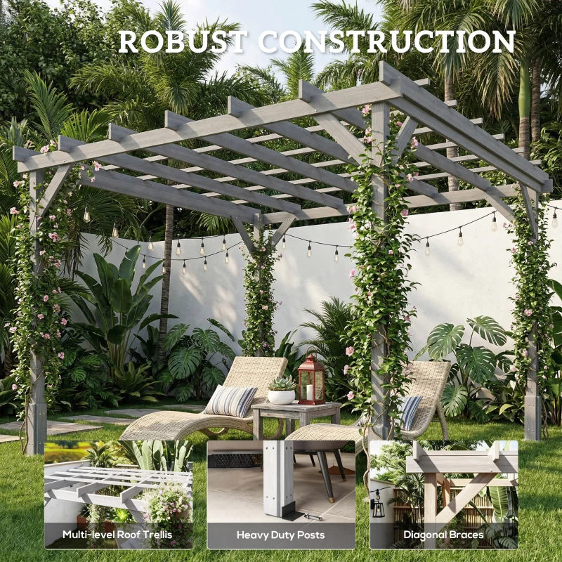 Outsunny 3 x 3 m Wooden Pergola Kit, Decorative Garden Gazebo Shelter with Stable Structure for Climbing Vines, Grey