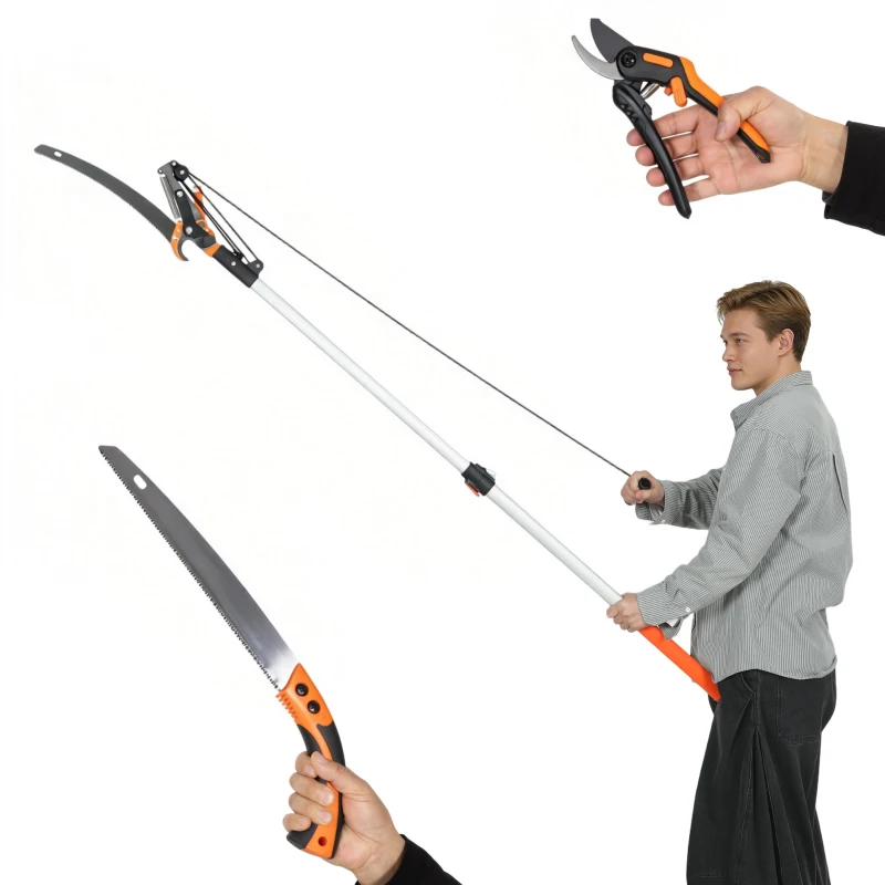 Outsunny Fierăstrău și Foarfecă cu Tijă Telescopică 135-199 cm din Aluminiu, pentru Ramuri Înalte, Portocaliu