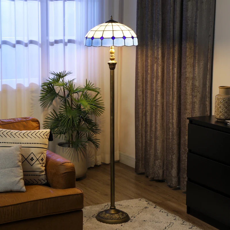 HOMCOM Tiffany-Style Floor Lamp with Handcrafted Stained Glass Shade, 152cm Tall Vintage Standing Lamp with Foot Switch and Dual Sockets for Living Room Bedroom, Bronze Tone and Blue