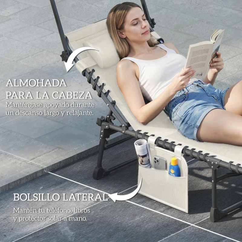 Outsunny Set de 2 Tumbonas Plegables con Reposacabezas Parasol Bolsillo Lateral y Respaldo Reclinable en 5 Posiciones Crema