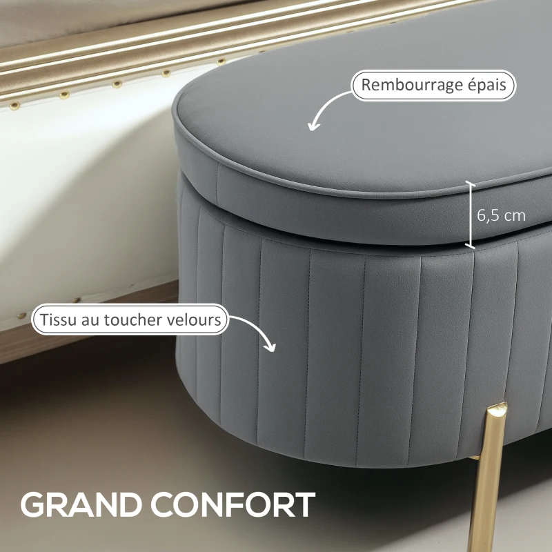 HOMCOM Banc de rangement, bout de lit en velours avec couvercle, pieds en métal, capacité 72 L, 108x44x43,5cm, gris