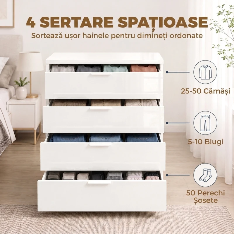 HOMCOM Comodă Alb Lucios cu 4 Sertare și șine Glisante