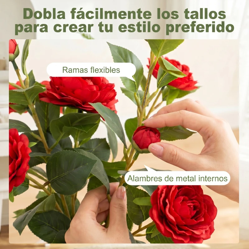 HOMCOM Planta Artificial de Camelia 65 cm Árbol Artificial en Maceta con Flores de Seda Realistas 116 Hojas Efecto Musgo Rojo