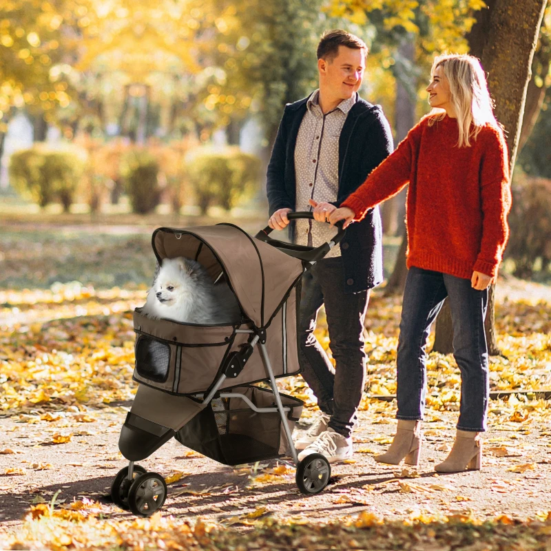 PawHut Carrito para Perros Pequeños con Cesta de Almacenaje Ventanas de Malla y 2 Ruedas Universales 75x45x97 cm Café