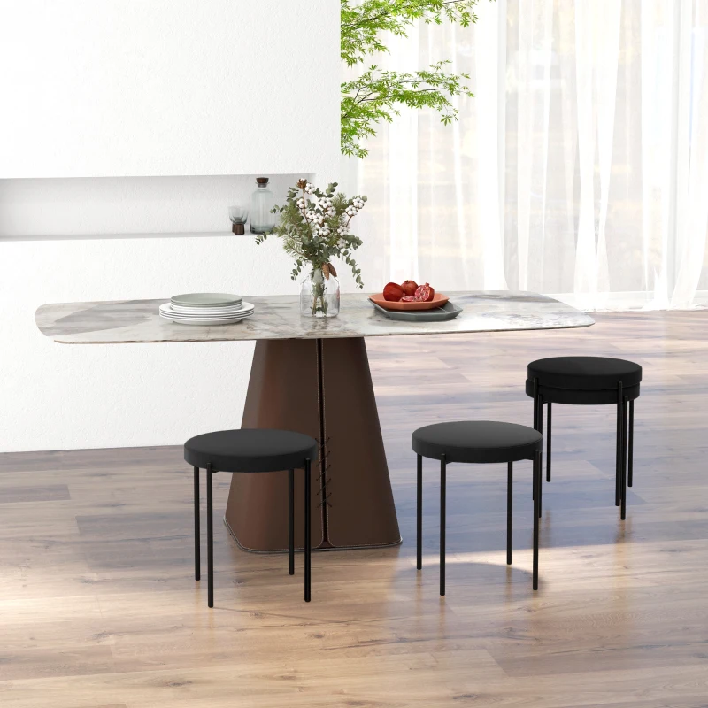 HOMCOM Set 4 Sgabelli Bassi e Rotondi in Metallo e Tessuto Effetto Velluto, 41.5x41.5x46 cm, Nero
