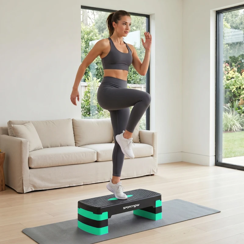 SPORTNOW Stepper aerobic reglabil, cu extensii pentru ridicare, platformă step aerobic pentru antrenamente acasă, fitness, cardio și forță, pentru bărbați și femei, înălțime 10/15/20cm, verde