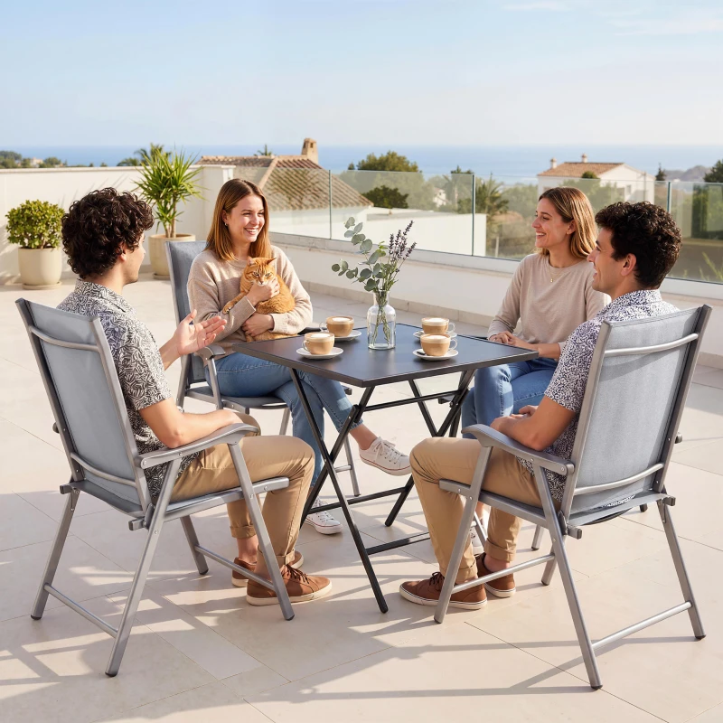 Outsunny Conjunto de 4 Sillas de Jardín Exterior Plegables con Respaldo Alto y Reposabrazos para Terraza Playa 58x62x97 cm Gris