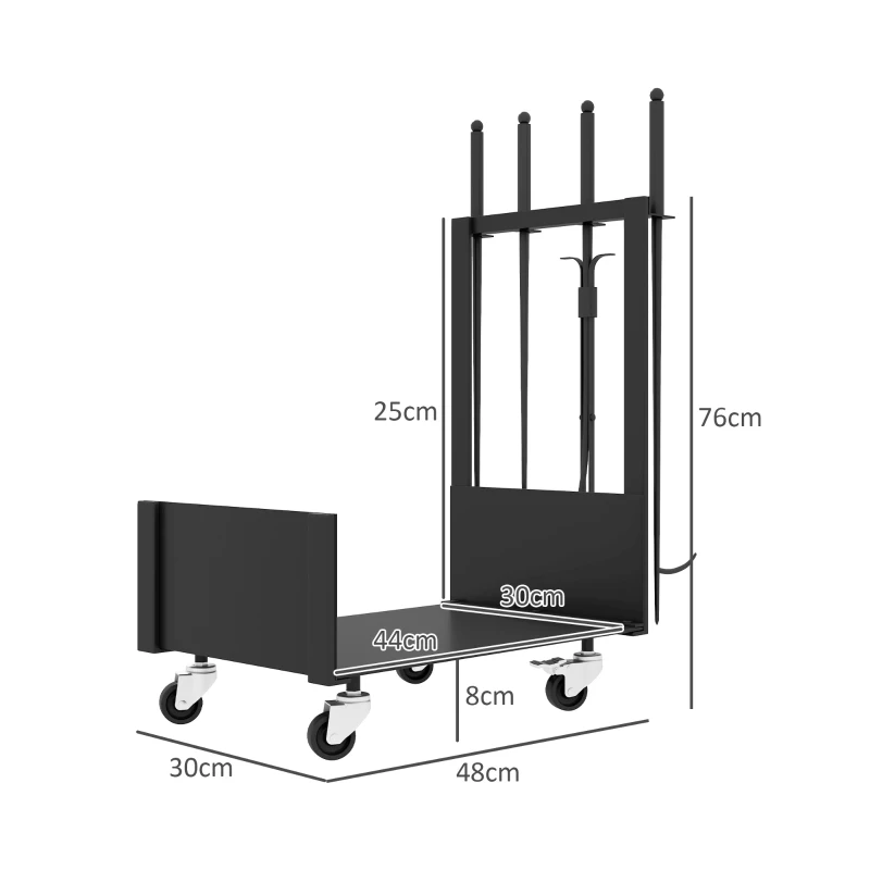 Outsunny Range-bûches porte-bûches avec roues pelle balai tisonnier pince pour intérieur 48l x 30P x 76H cm métal noir