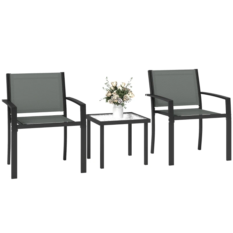 Outsunny Conjunto de Mesa y Sillas de Terraza Exterior 3 Piezas con 2 Sillas de Textilene Mesa de Vidrio Templado Gris Claro
