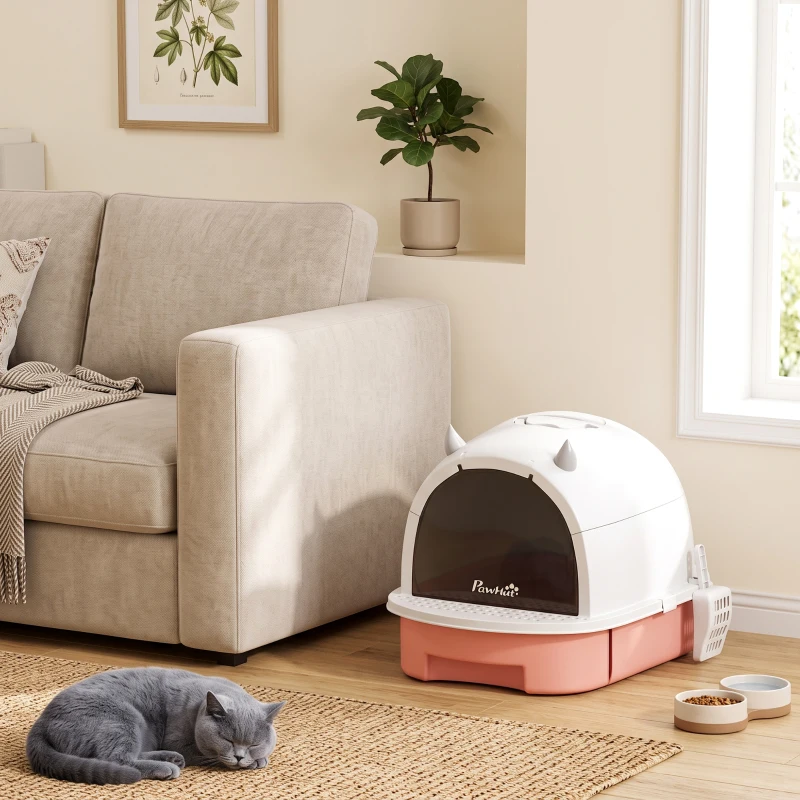PawHut Litière fermée pour chats avec plateau extractible, pelle et filtre à charbon actif, Rose