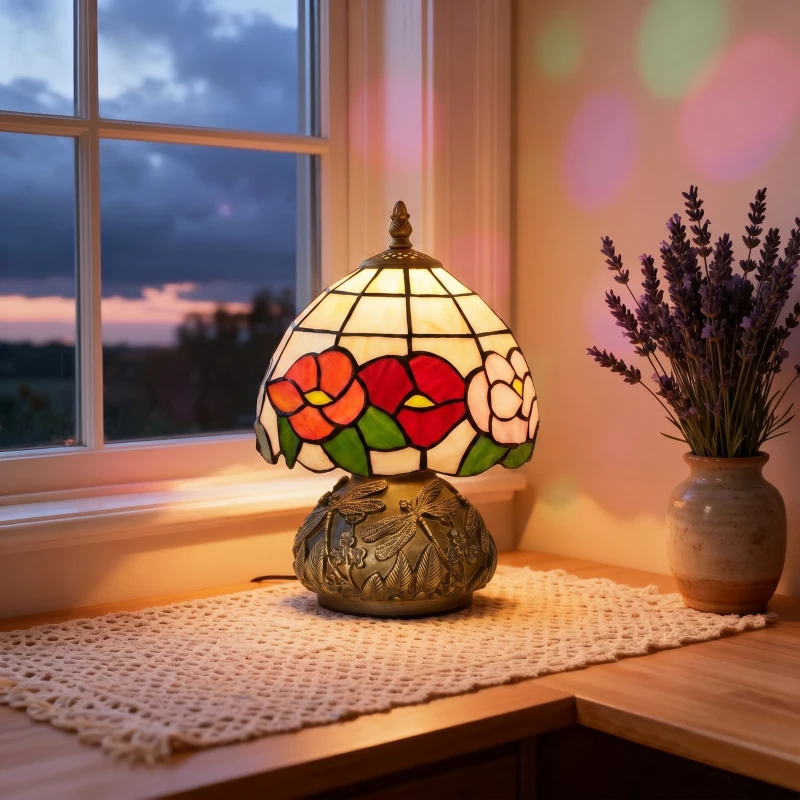 HOMCOM Handcrafted Classic Stained Glass Bedside Lamp, Tiffany-Style Table Lamp with Sculpted Dragonfly Base, Multi-Coloured