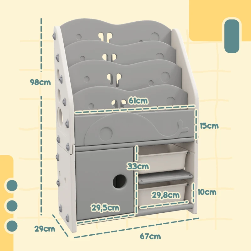 AIYAPLAY Kinderschrank, 4 Regalböden, 2 Aufbewahrungsboxen, HDPE, 67x29x98cm, Hellgrau