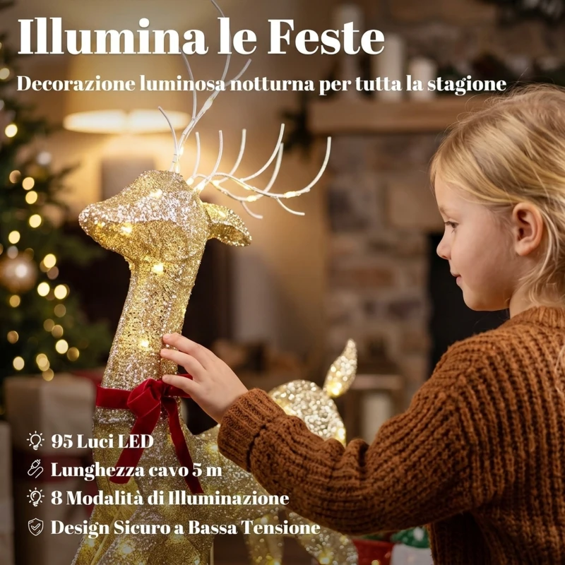 Outsunny Renna Natalizia Illuminata con Slitta con 95 LED Bianco Caldo, 8 Modalità di Illuminazione e Timer, Oro