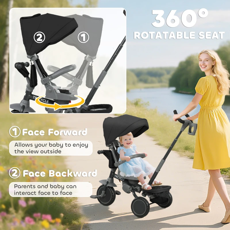 AIYAPLAY 6 in 1 Foldable Kids Trike with Adjustable Parent Handle & Canopy for Ages 1-5, Black