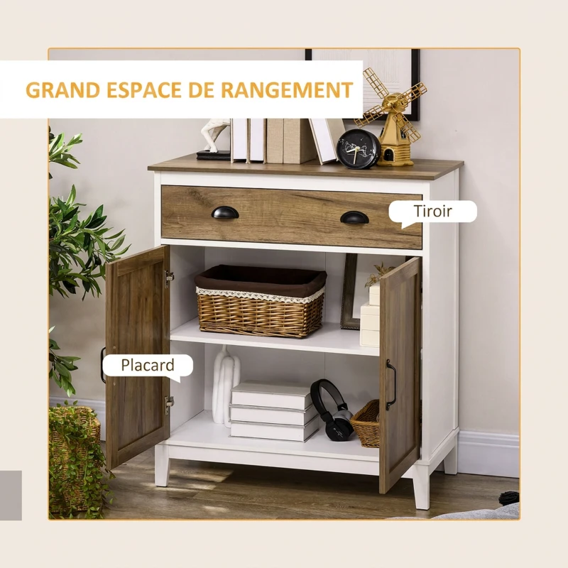 HOMCOM Buffet Salon, Meuble de Rangement avec 2 Portes, Tiroir, Étagère Réglable, 78,5 x 39 x 89,4 cm, Blanc et Chêne