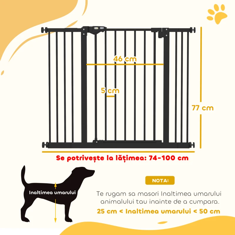 PawHut Poartă pentru câini cu 2 extensii, lățime reglabilă până la 100 cm și închidere automată, neagră