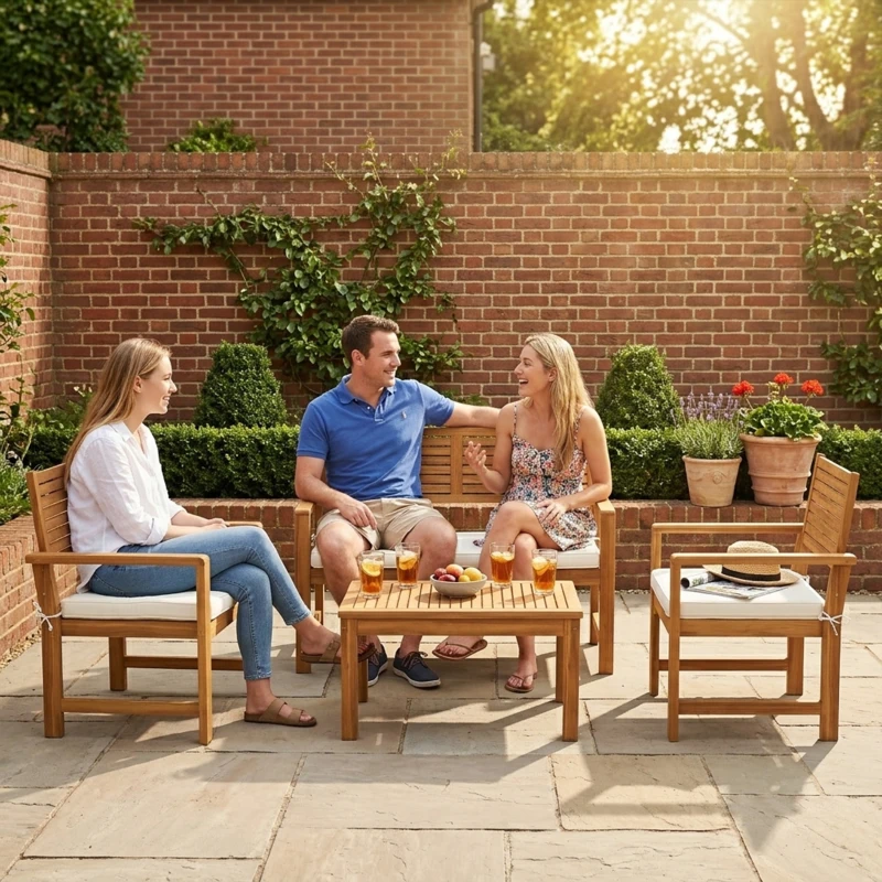 Outsunny 4 Seater Wooden Garden Furniture Set with Loveseat, Armchairs, Table, Acacia Wood Garden Sofa Set, Cream White
