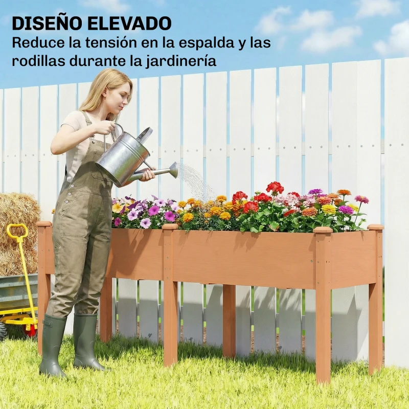 Outsunny Huerto Urbano Elevado de Madera 184x59x76,5 cm con 6 Orificios de Drenaje para Cultivos Plantas Flores Marrón