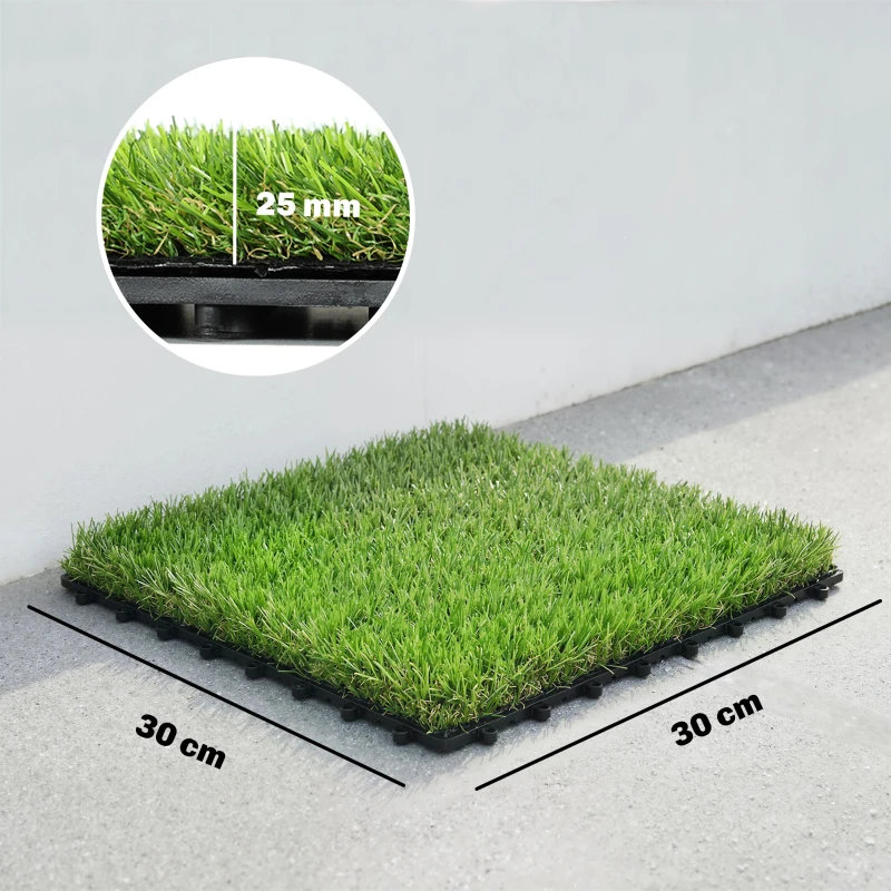 Outsunny Césped Sintético de 22 Piezas Alfombra Césped Artificial 30x30 cm con Altura de Hierba 25 mm Drenaje Automático Verde