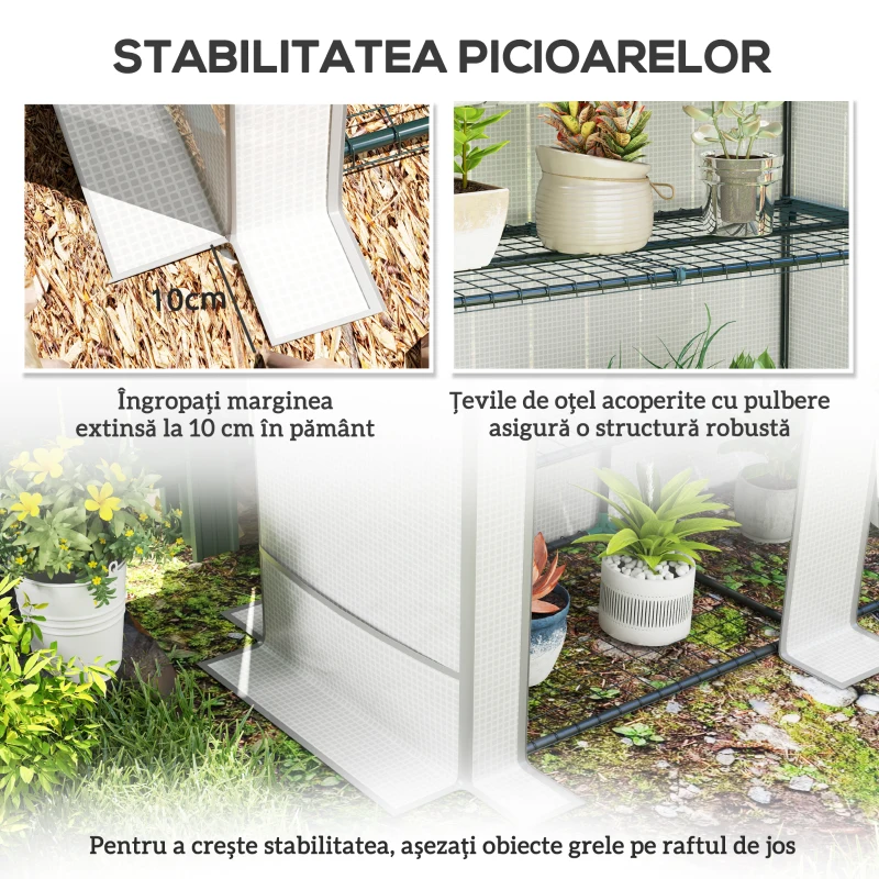 Outsunny Seră de Grădină cu 2 Uși Rulabile, Raft cu 3 Niveluri și Buzunare Laterale, Alb și Gri