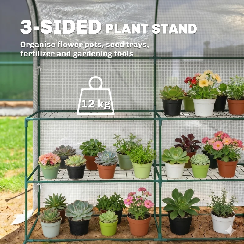 Outsunny Walk-in Greenhouse with Shelves, Small Greenhouse with PE Cover and Roll-up Door, 123 x 187 x 189 cm, White