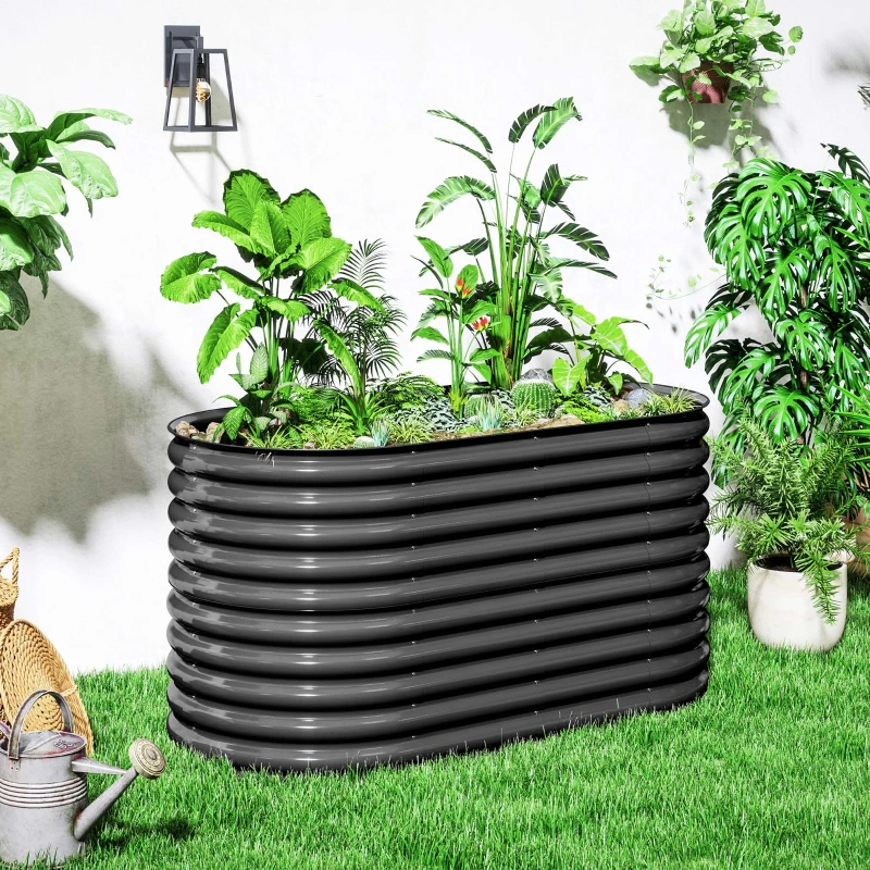 Outsunny Pflanzkübel, Metall-Blumenkübel mit Sicherheitskante und Handschuhen, offener Boden, 160B x 80T x 80H cm, Dunkelgrau