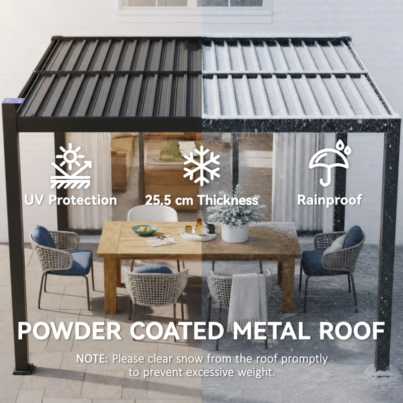 Outsunny 3 x 3 m Louvered Pergola with Solar LED lights, Metal Roof, Patio Gazebo Pergola Canopy with Drainage Gutters, Black