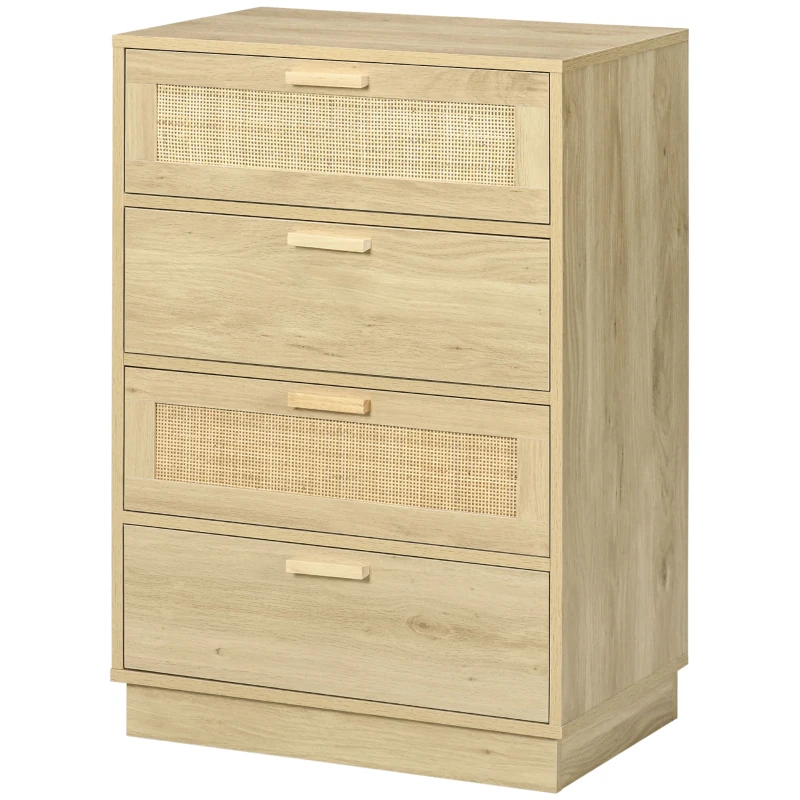 HOMCOM Chest of Four Rattan Weave Panel Drawers - Wood-Effect