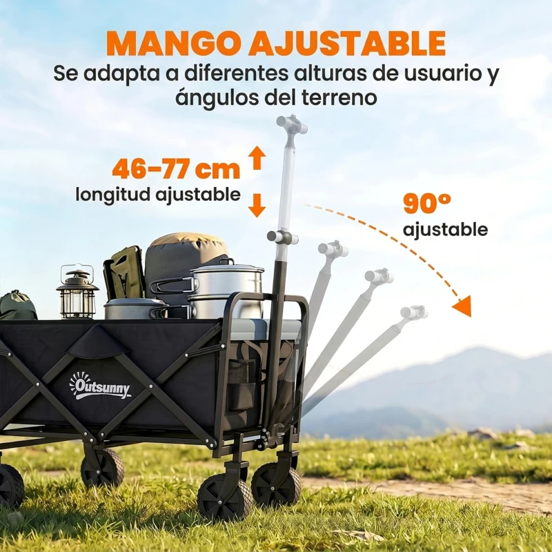 Outsunny Carro de Jardín Plegable con 4 Ruedas Longitud y Ángulo del Mango Ajustables Capacidad 70 L 77x50x63-93 cm Negro