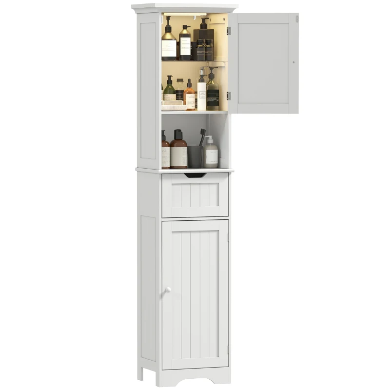 HOMCOM Meuble colonne salle de bain avec éclairage LED, meuble de rangement étroit, tiroir, 2 portes, 40x30x170cm, blanc