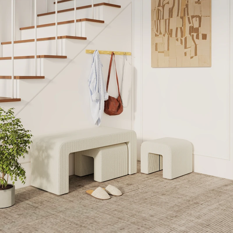 HOMCOM Juego de 3 Bancos Zapateros Grande y 2 Pequeños Modernos de Pana Diseño Compacto Mesa Auxiliar 104x44x48 cm Crema