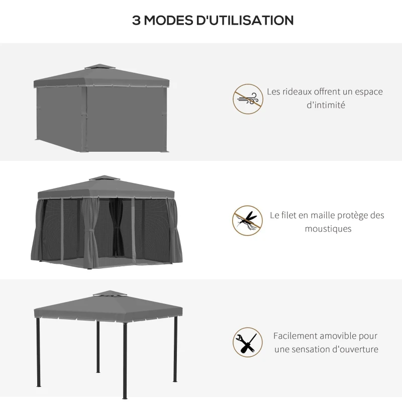 Outsunny Tonnelle de jardin extérieur 3 x 3 m, barnum avec toit double, rideaux et moustiquaire, cadre en aluminium, gris foncé