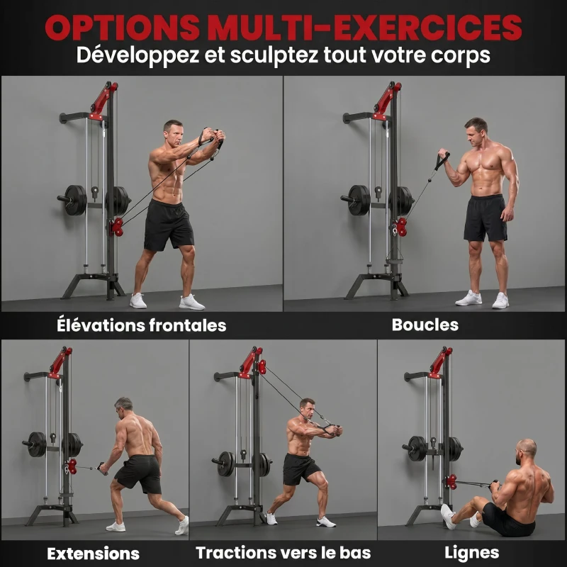 SPORTNOW Station de Musculation à Poulie Machine à Câble LAT Fixation Murale Charge de Poids Personnalisable 85x68x210cm Noir