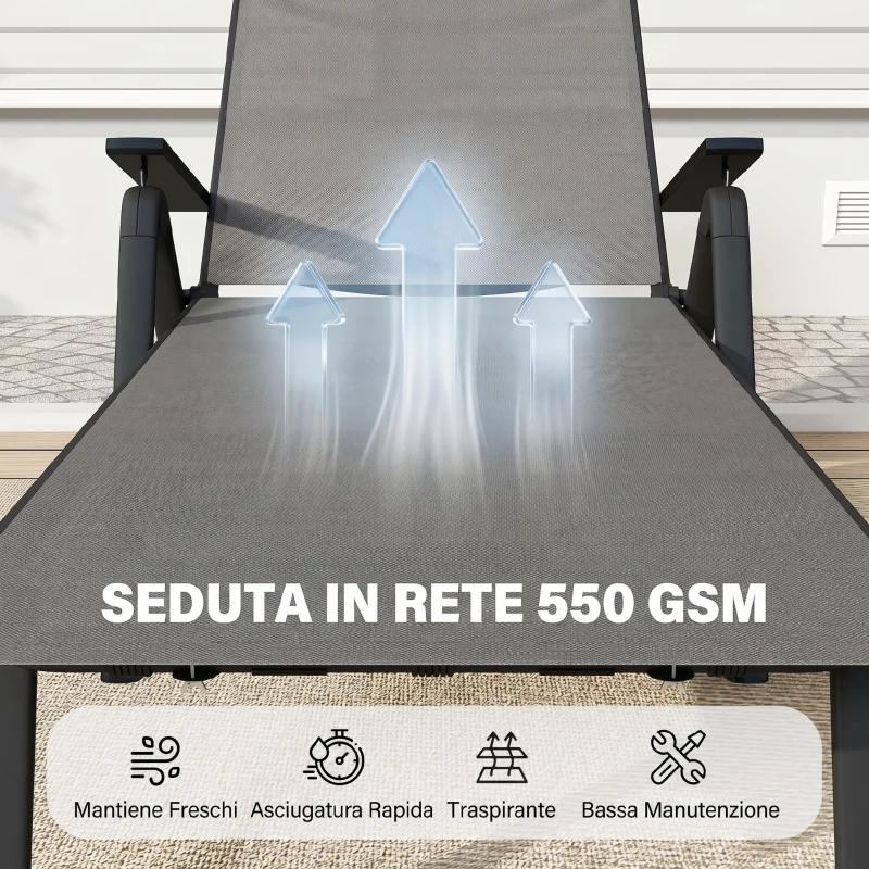 Outsunny Lettino Sdraio Pieghevole e Reclinabile in 5 Posizioni con Rotelle, in Metallo e Textilene, 72x158x84 cm, Grigio