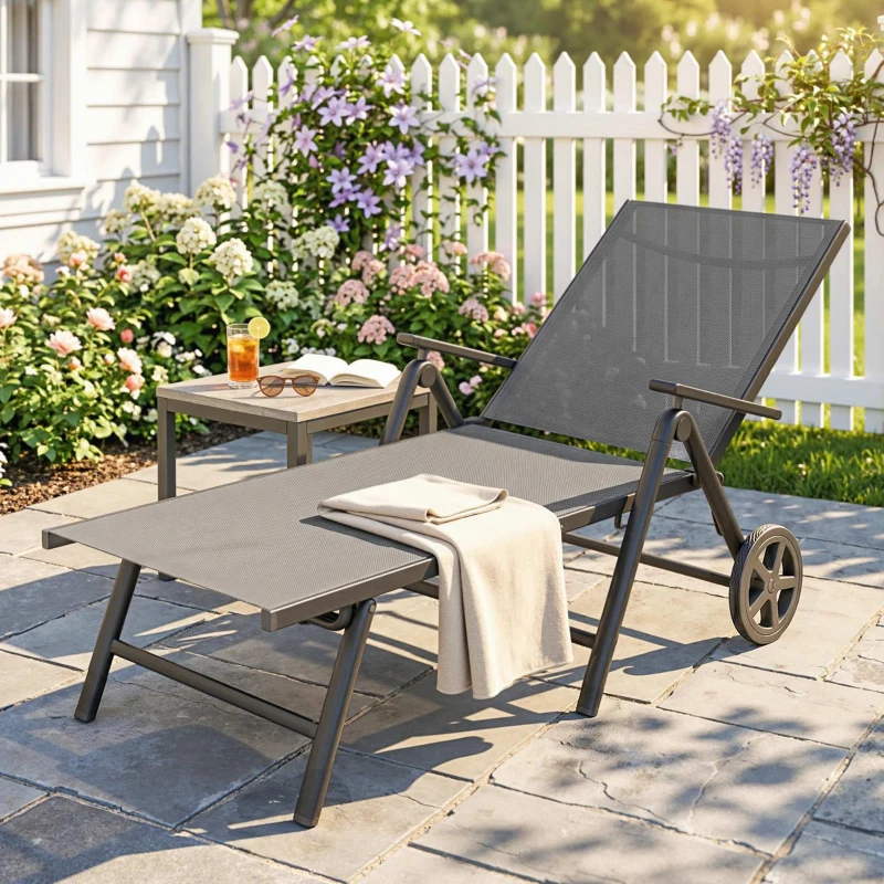 Outsunny Lettino Sdraio Pieghevole e Reclinabile in 5 Posizioni con Rotelle, in Metallo e Textilene, 72x158x84 cm, Grigio