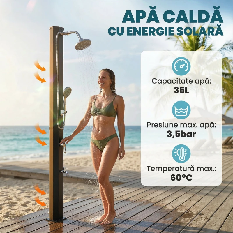 Outsunny Duș Solar de Exterior cu Protecție la Îngheț, 35l, Negru
